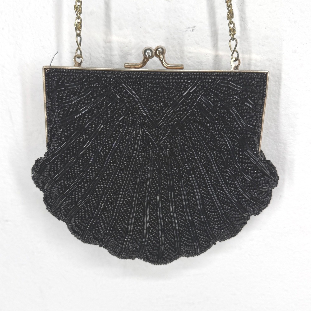 Walborg Vintage Black Beaded Shell Fan Evening Bag Kiss Lock Gold Chain Strap